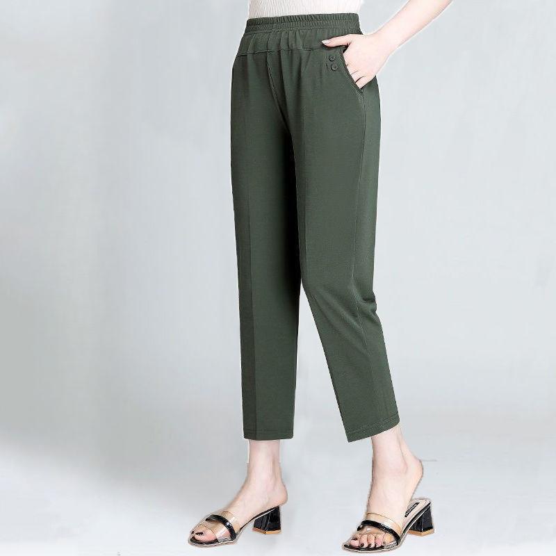 Sommer Eis Seide Dünne Freizeithose, Lässige Gerade Neun-Zoll-Hose, Lockere Hochtaillierte Elastische und Engtaillierte Damen-Hose L grün