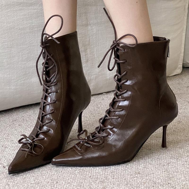 Fashion Eilyken 2026 New Spring Pointed Toe Women Ankle Boot Fashion Narrow Band Thin Heels Lace Up Zipper Short Booties Shoes