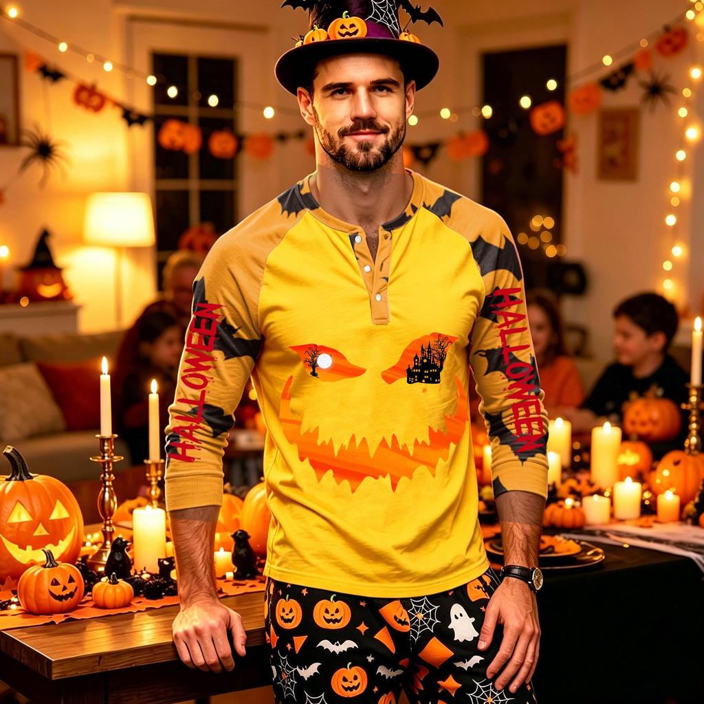 Men's Long Sleeve Shirt with Halloween Print Pattern for Casual Wear