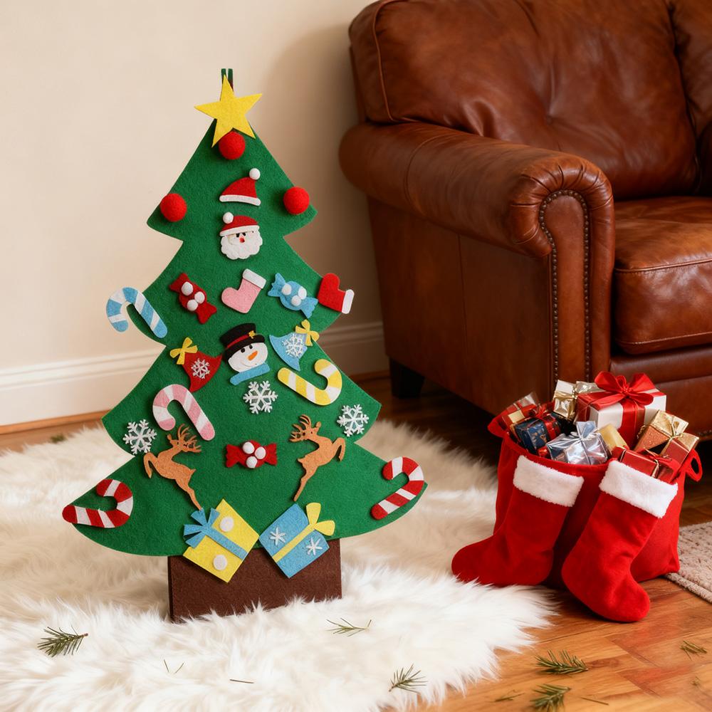 Felt Christmas Tree DIY Hanging Christmas Tree with Detachable Ornaments Wall Decor for Xmas Gifts Home Door Decoration
