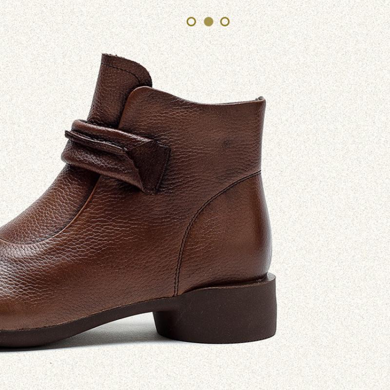 Johnature Cizme scurte retro de culoare solidă din piele naturală cu vârf rotund cu fermoar lateral cu toc mic pantofi casual damă