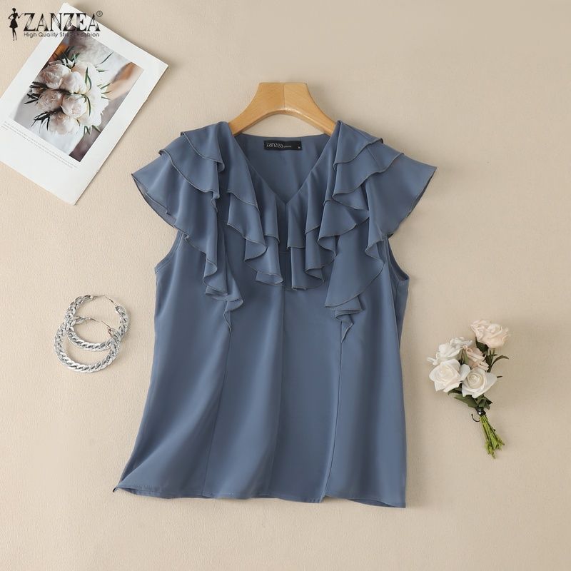 ZANZEA Women Elegant Ruffles V-neck Solid Color Sleeveless Blouse