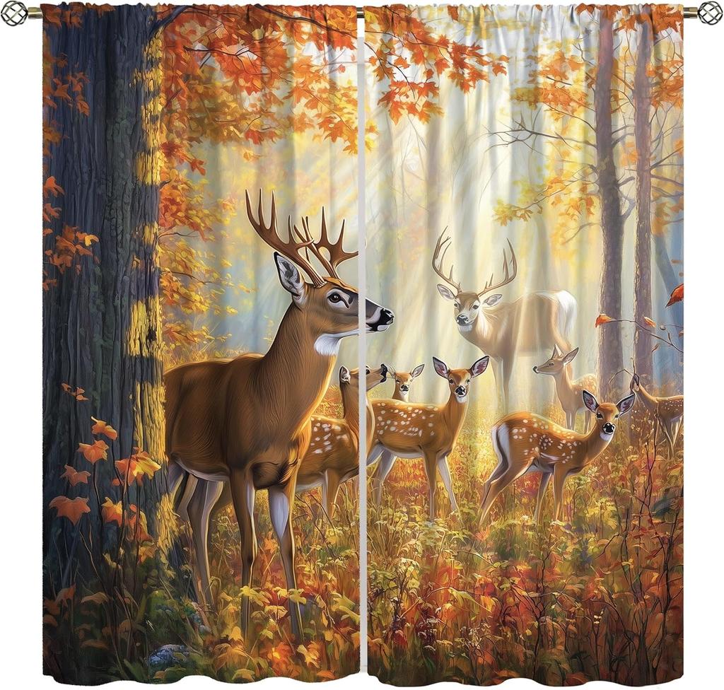 Farmhouse Deer Curtains Bedroom Vintage Rustic Fall Hunting River Cabin Elk Wildlife Window Drape Boys Girls Living Room Curtain For Sitting Polyester