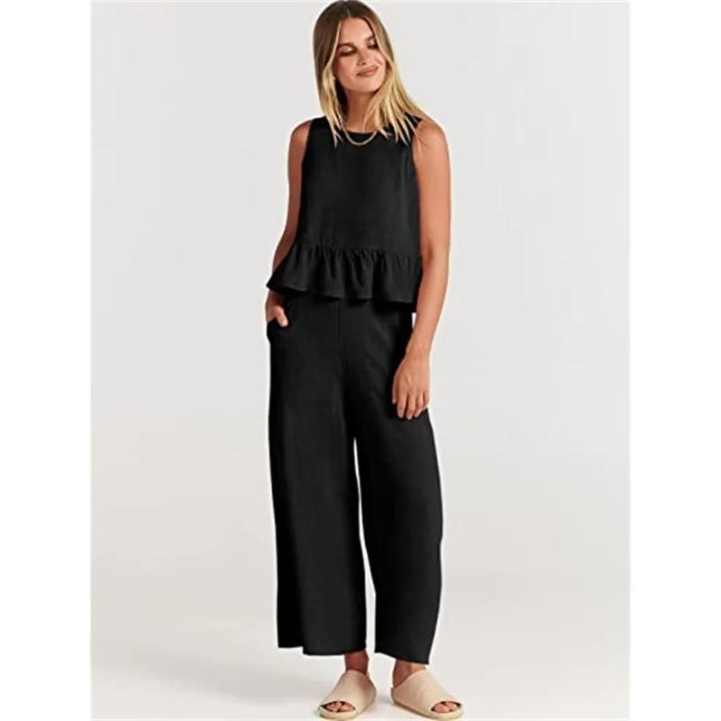 Summer Two Piece Set Women Casual Sleeveless Pleated Pants Sets Wide-leg Loose Clothes 2 Piece Sets O Neck Trouser Suits