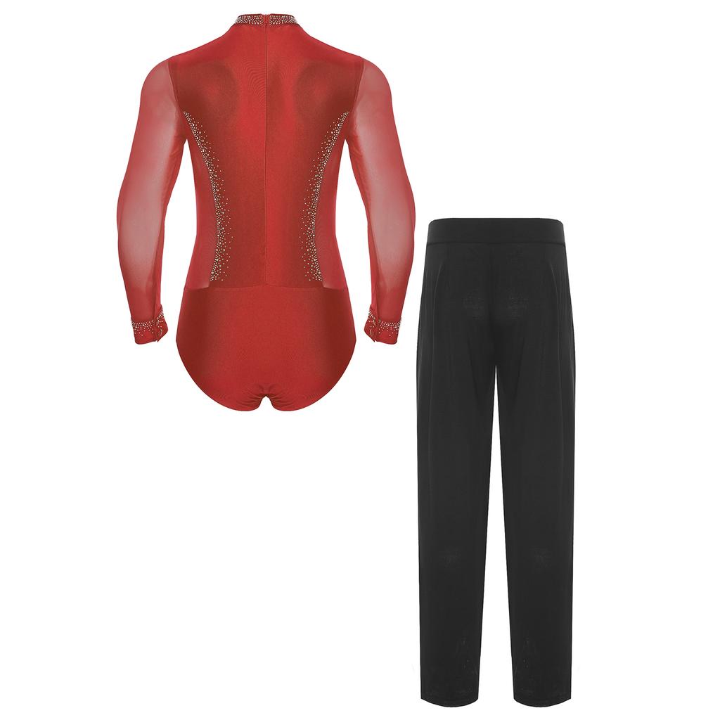 Mens Latin Dance Costume Mock Neck Long Sleeve Shiny Rhinestones Mesh Leotard Bodysuit High Waist Pants Chacha Set