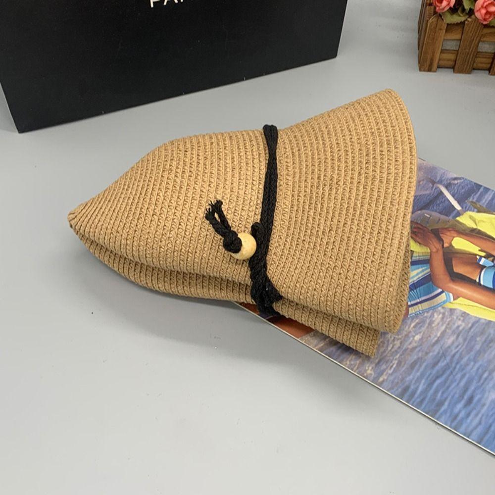 Foldable Straw Bucket Hat Wide Brim Visor Cap Vintage Women's Straw Hat  Men Women