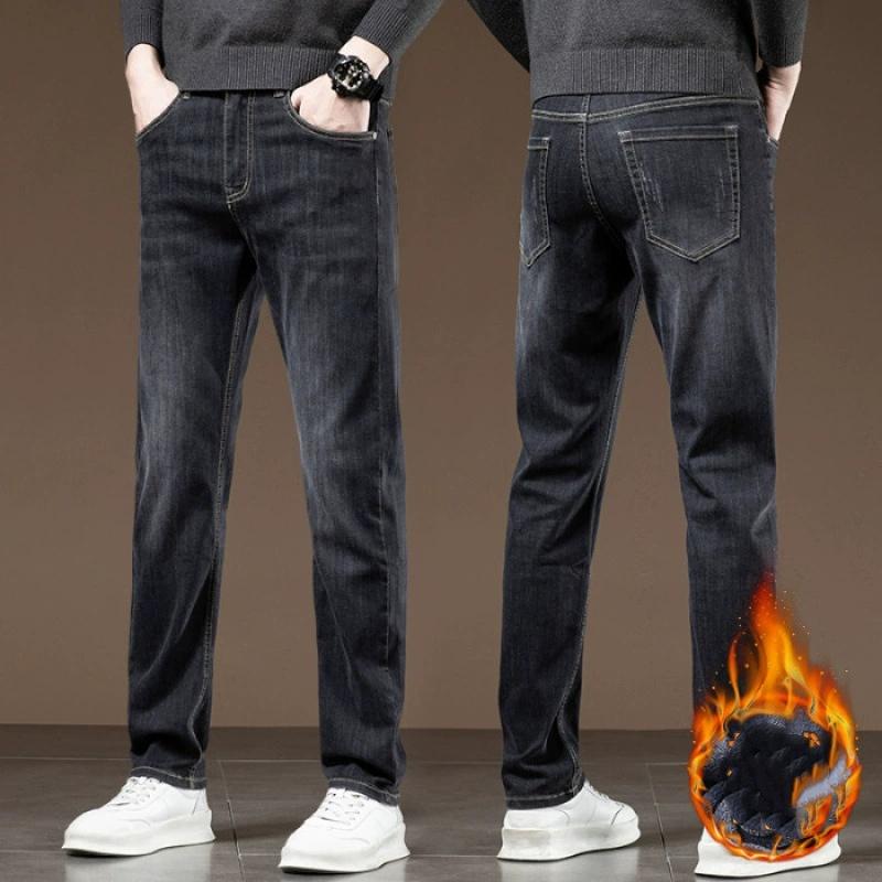 Winter Fleece Jeans Men's Fashion Elastic Slim Straight Warm Trousers Thicken Business Casual Korean Thermal Denim Pants