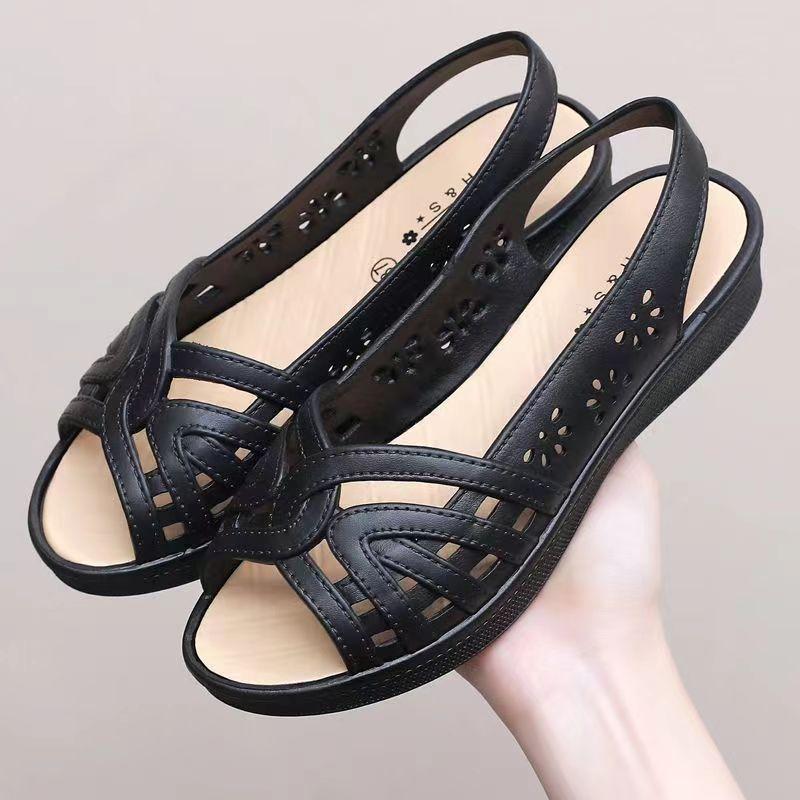2026 New Women's Summer Open Toe Hollow Flat Sole Sandal Soft Sole Non Slip Shallow Slip-On Fish Mouth Sandals Mom's Sandals