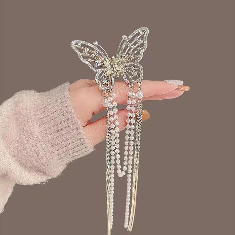 Glitter Shark Grip Clips Korean Style Sweety Romantic Hair Claws Butterfly Shape Girls Pearl Tassel Metal Jewelry Hair Accessory