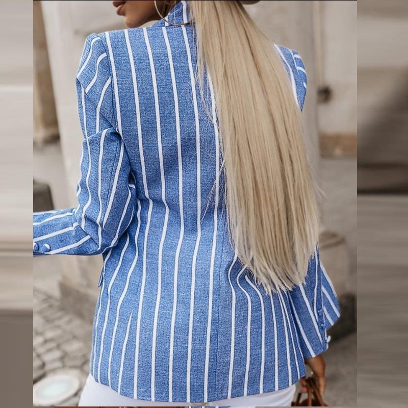 Autumn New Lady Commuter Slim Fit Blazer Coats Fashion Turn-down Collar Stripe Jackets Women Elegant Long Sleeve Button Outwear