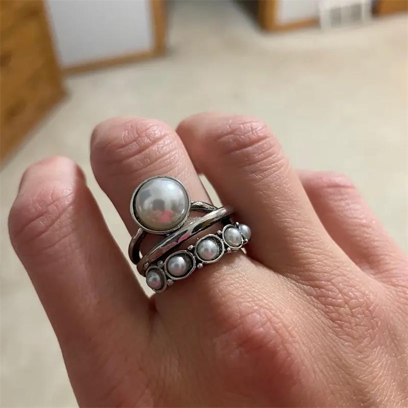 Vintage Oval Round Geometry Silver Color Imitation Pearl Adjustable Ring for Women Wedding Engagement Ring Jewelry