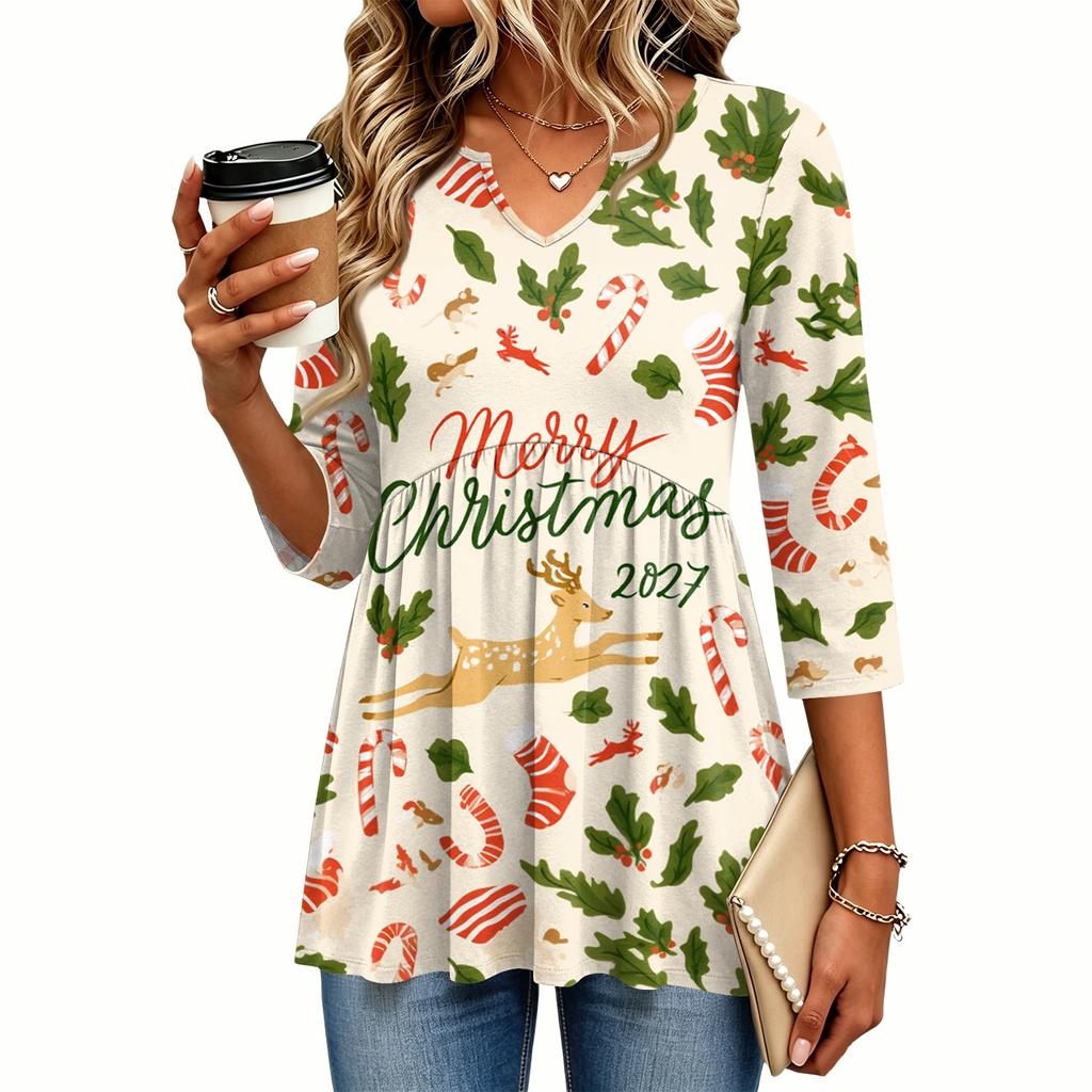 Women's Christmas Print V-Neck Three-Quarter Sleeve Casual Shirt for Holiday