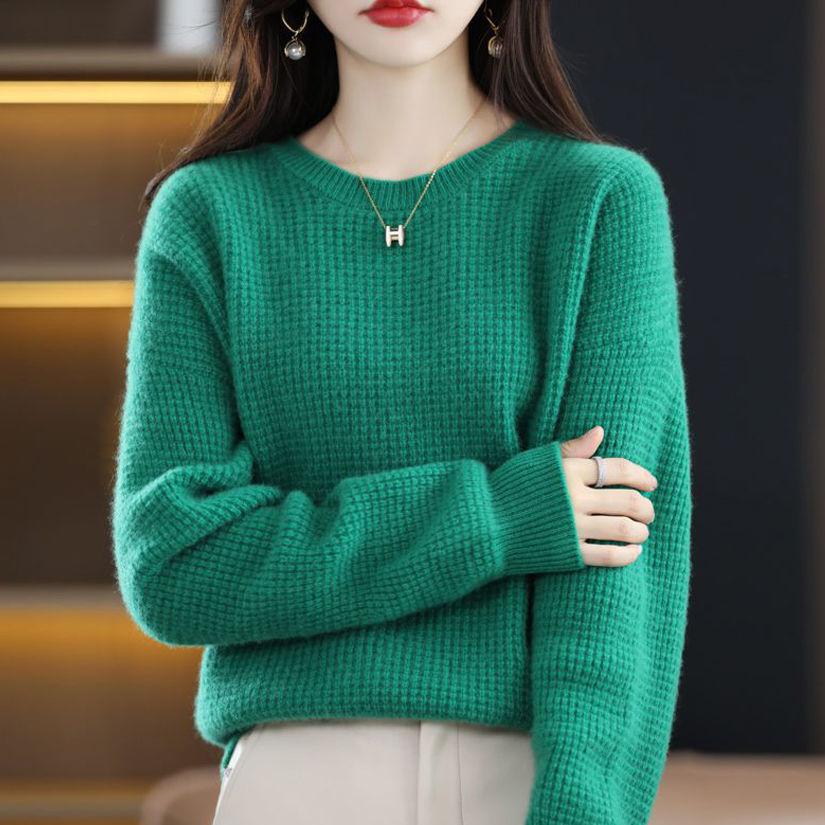 

Осенне-зимний женский свитер с круглым вырезом, пуловер, свободный и универсальный однотонный свитер, вязаный базовый свитер 3XL зелёный