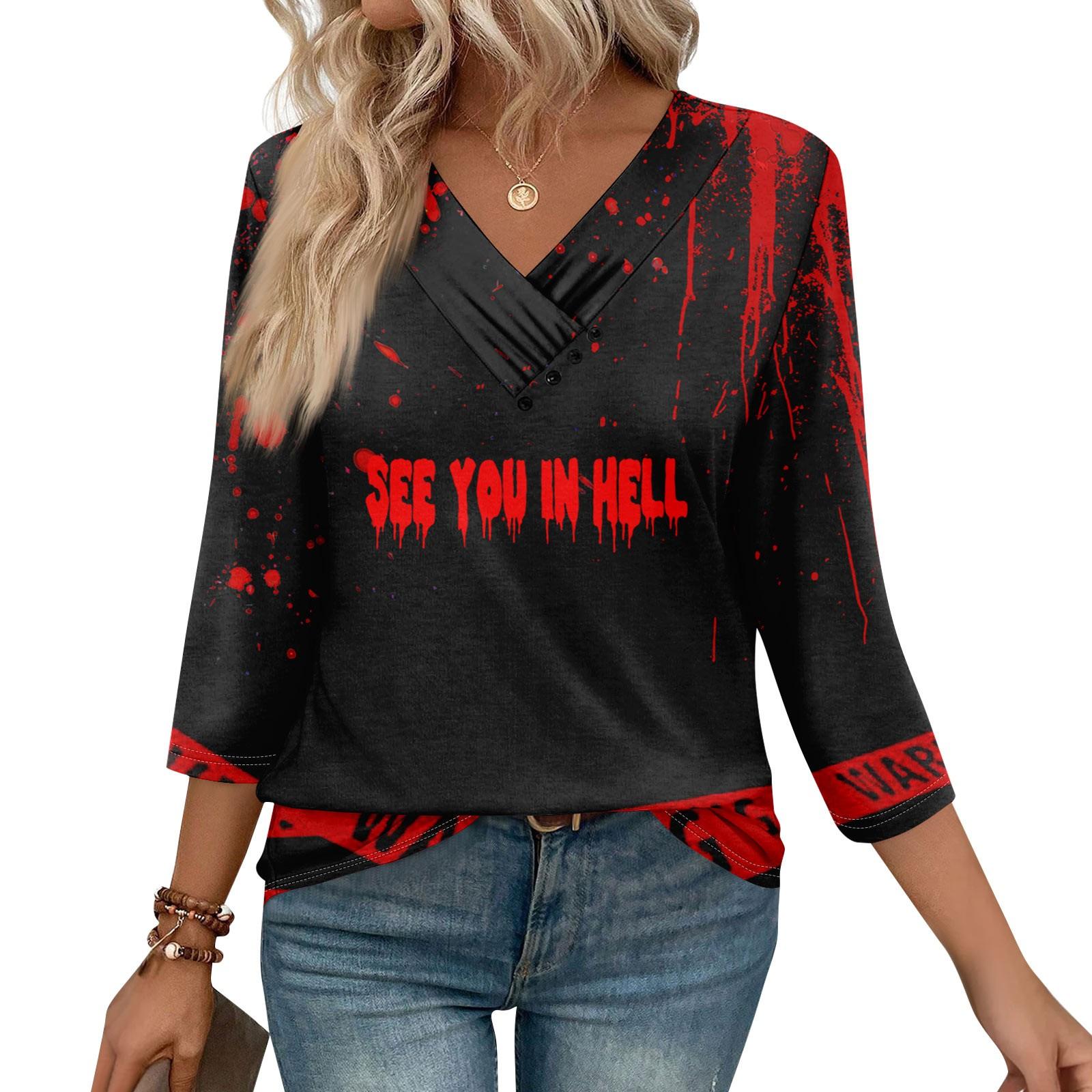 

Womens 3/4 Sleeve Daily Weekend V Neck Casual Printed Tshirts Loose Fit Pleated Tees Button Down Shirts M