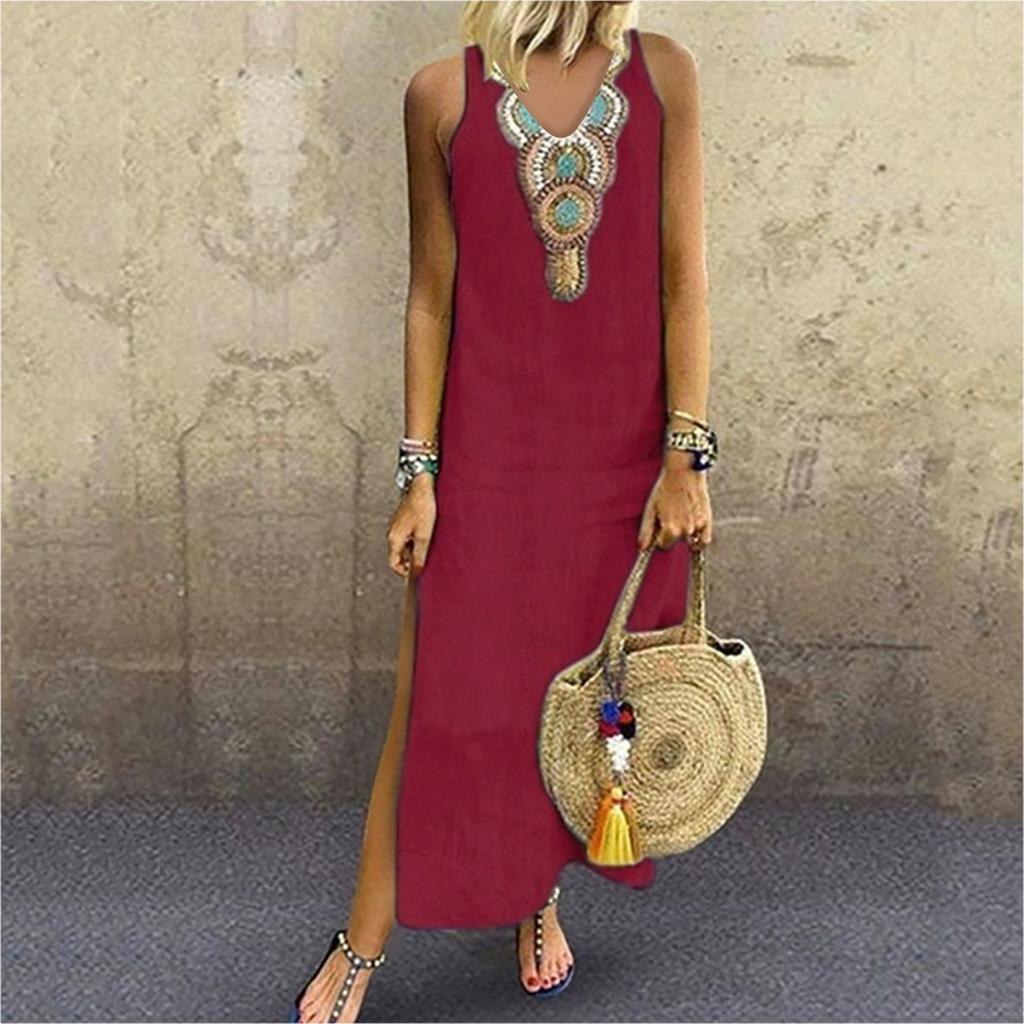 Dámské maxi šaty bez rukávů s výstřihem do V a rozděleným lemem Baggy dlouhé šaty Kaftan