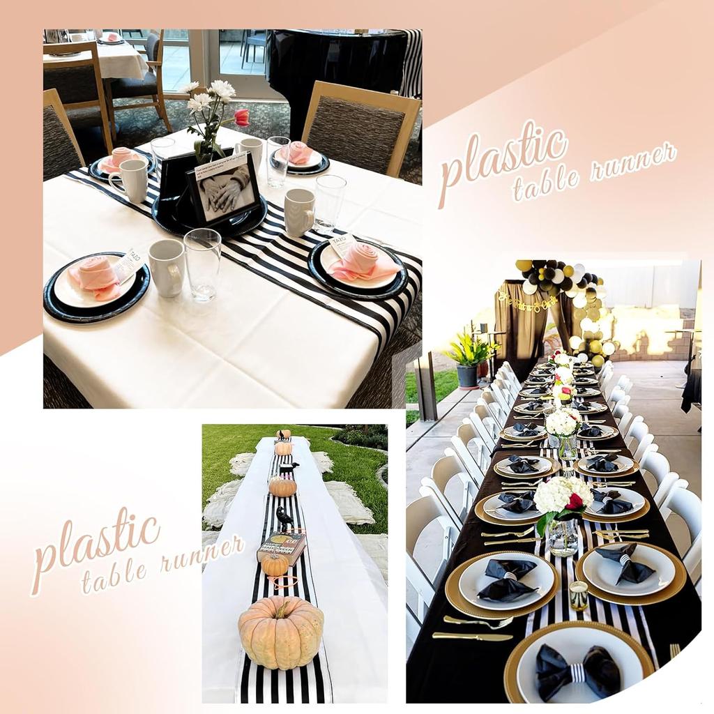 10 Pcs Striped Plastic Table Runner 14 X 108 Inch Black and White Disposable Table Runner for Birthday Parties Wedding Decorations Baby Shower Racing