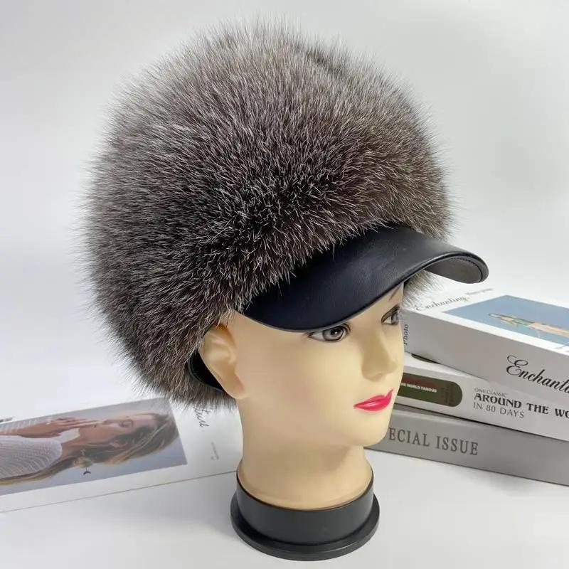 Real Fox Fur Hat Women Fluffy Brim Winter Warm Snow Cap Female Outdoor Russian Bomber Hat Winter Woman Natural Fur Cap Hat