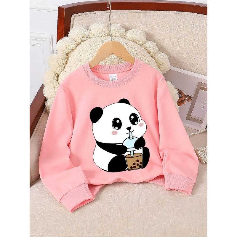 Crewneck Sweatshirt for Girls Featuring an Adorable Panda Enjoying Bubble Tea. It'S Machine Washable