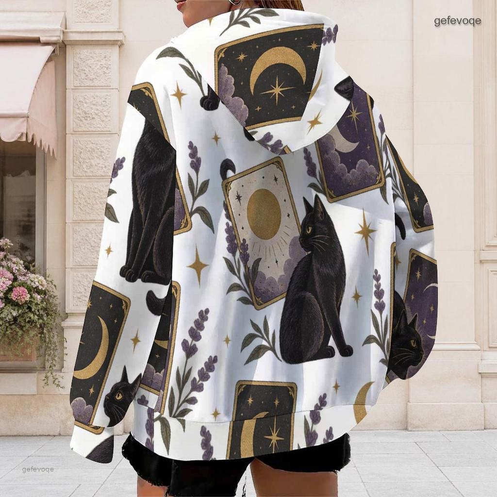 Women Plus Size Zip Up Long Sleeve Drawstring Hoodie White Dark Rose Bat Key Lock Printed Sweatshirt With Pockets
