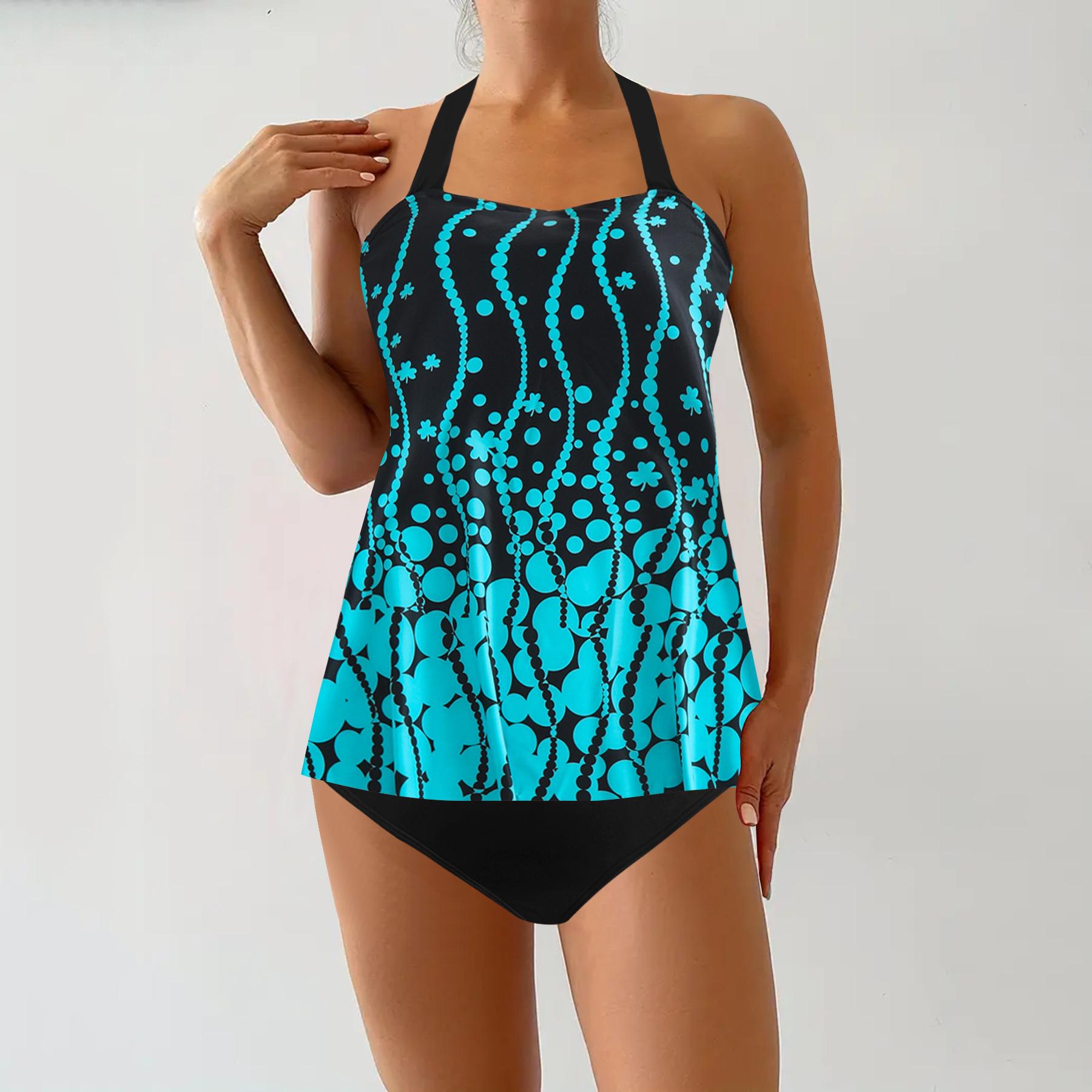 

2025 Европейский и американский купальник танкини большого размера с юбкой и принтом с контролем живота. 5XL синий