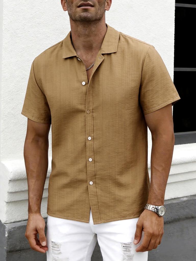 New summer men's plus size shirt teen solid color short-sleeved lapel shirt top men's