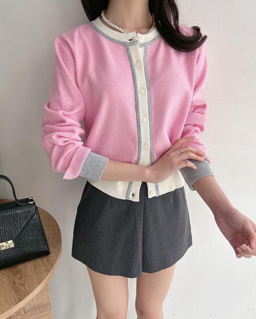 Coin Spring Color Block Round Neck Knit Cardigan