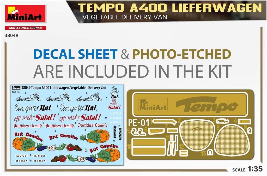 Miniart Tempo A400 Leafer Wagen Vegetable Delivery Van Plastic Model MA38049 1/35