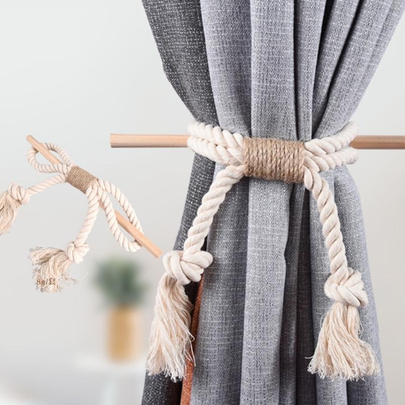 4 Pack Wood Stick and Braided Cotton Linen Rope Curtain Ties for Living Room Bedroom Window Drape Tiebacks Holdbacks