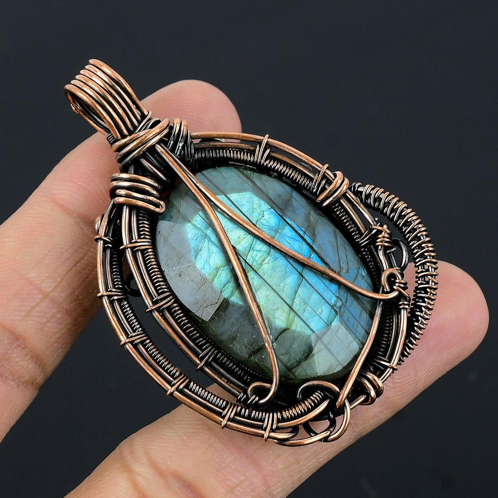 Labradorite Pendant, Handmade Gemstone 999 Copper Wire Wrapped Pendant Antique Jewelry, For Gift Silver Jewelry