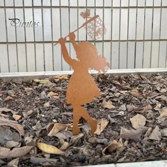 Metall Gartenskulptur 1 Paar Silhouette Kunstmodell Kleiner Junge Mädchen Form Charakter Statue Ornament Dekor Pfähle Rasen Hof Dekoration Lebendiger Akzent