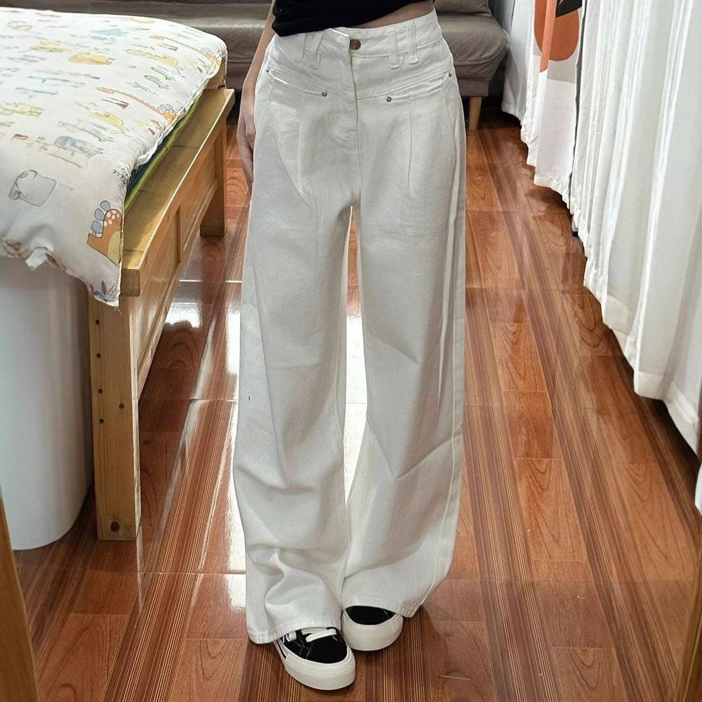 Frayed White Denim Jeans Female Summer Drape High-waisted Straight Loose Skinny Trailing Wide-legged Pants Retro Street Style Baggy Jeans for Ladies