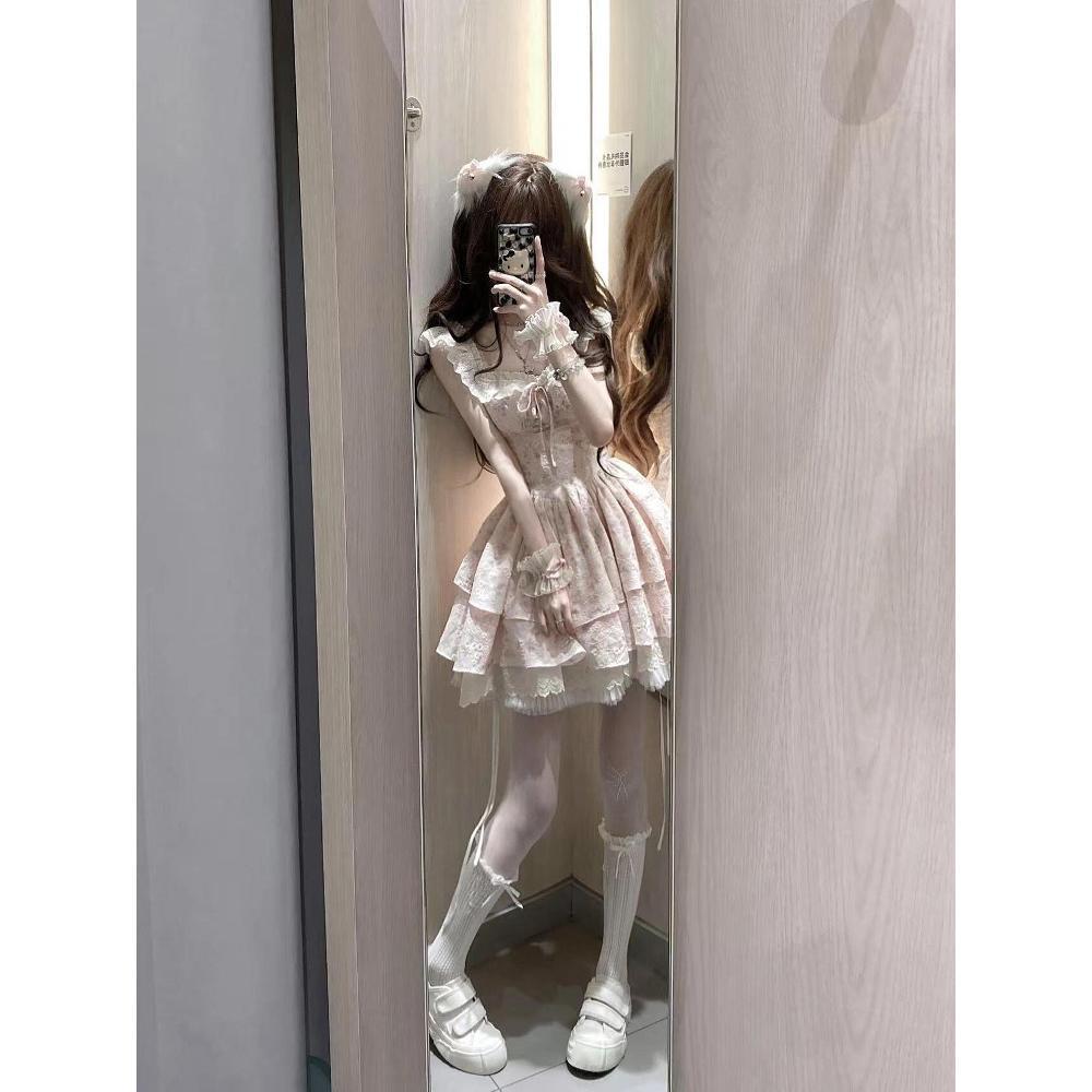 French sweet floral small flying sleeve dress summer new waist thin thousand gold wind splicing tutu skirt short skirt