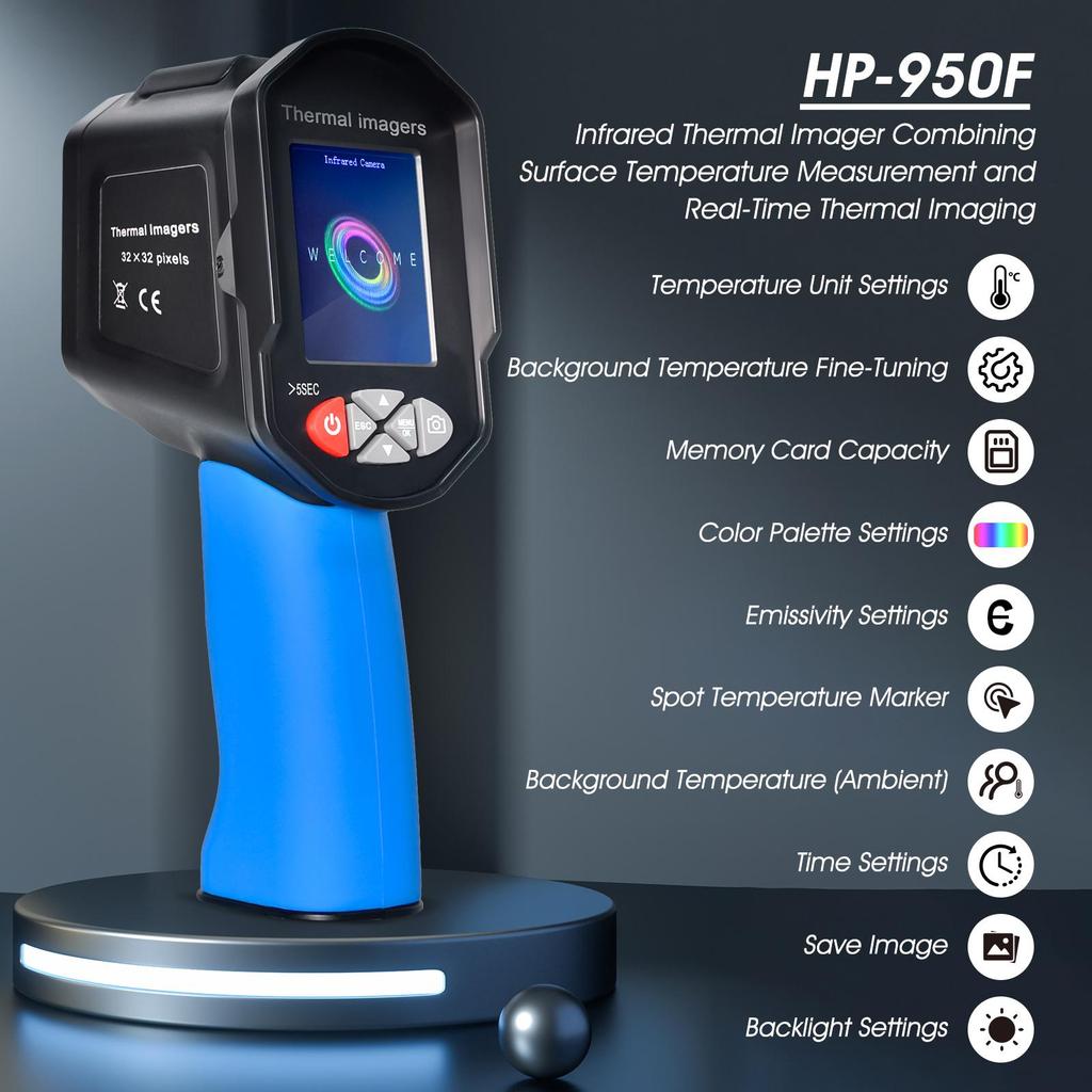HP-950F Infrared Thermal Imager - 300,000 Pixels with Real-Time Thermal Imaging & Surface Temperature Measurement, Rechargeable