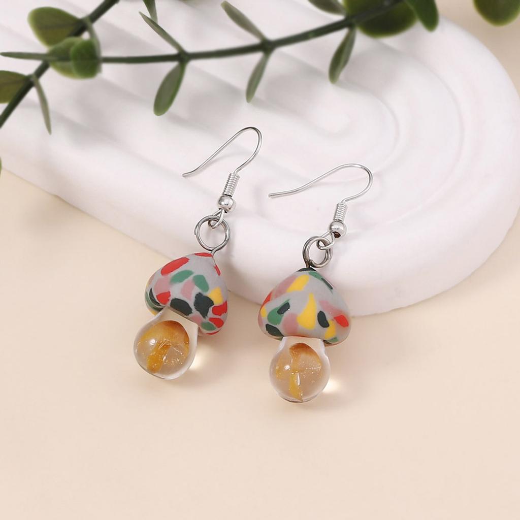 New Pastoral Creative Handmade Soft Ceramic Glass Colored Mushroom Ear Hook Personality Niche Cute and Versatile Earrings