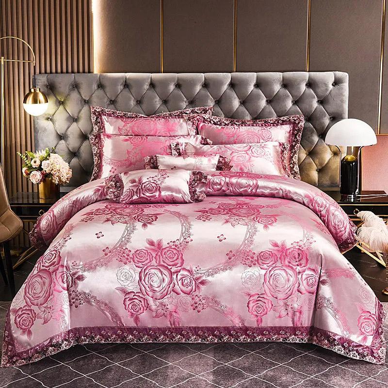 4pcs/set Luxury Jacquard Comfortable Bedding Sets Lace Edge Quilt Cover Sheet Wedding Bedding Home Textile Bedspreads Four Piece Set
