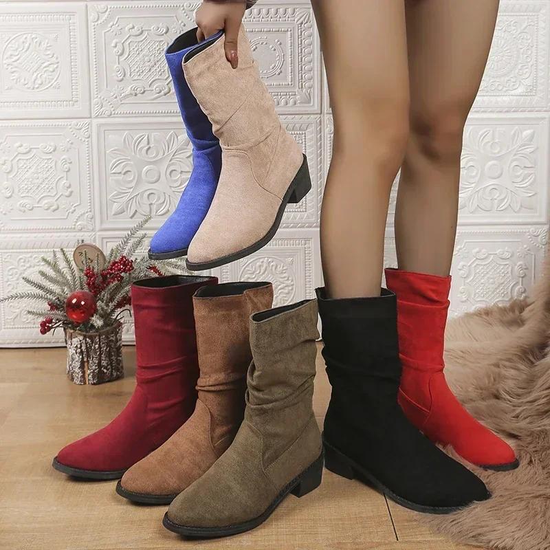 Women's Shoes on Sale Sleeve Women's Boots Autumn Round Toe Suede Solid Middle Tube Chunky Heels Fashion Boots Zapatos De Mujer