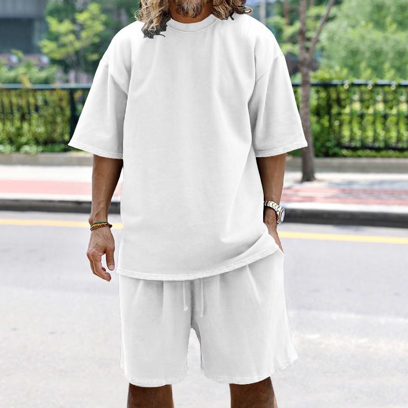 

Летний мужской костюм, простой, однотонный, повседневный, свободный, большого размера, футболка с короткими рукавами, шорты, хип-хоп, модная мужская одежда, 2 предмета 2XL белый