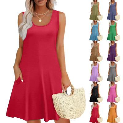 Lässiges Sommerkleid für Damen mit Taschen, Sommer-Boho-Strandkleid, Urlaubskleider für Damen, T-Shirt-Kleid, U-Ausschnitt, lockere Tank-Kleider