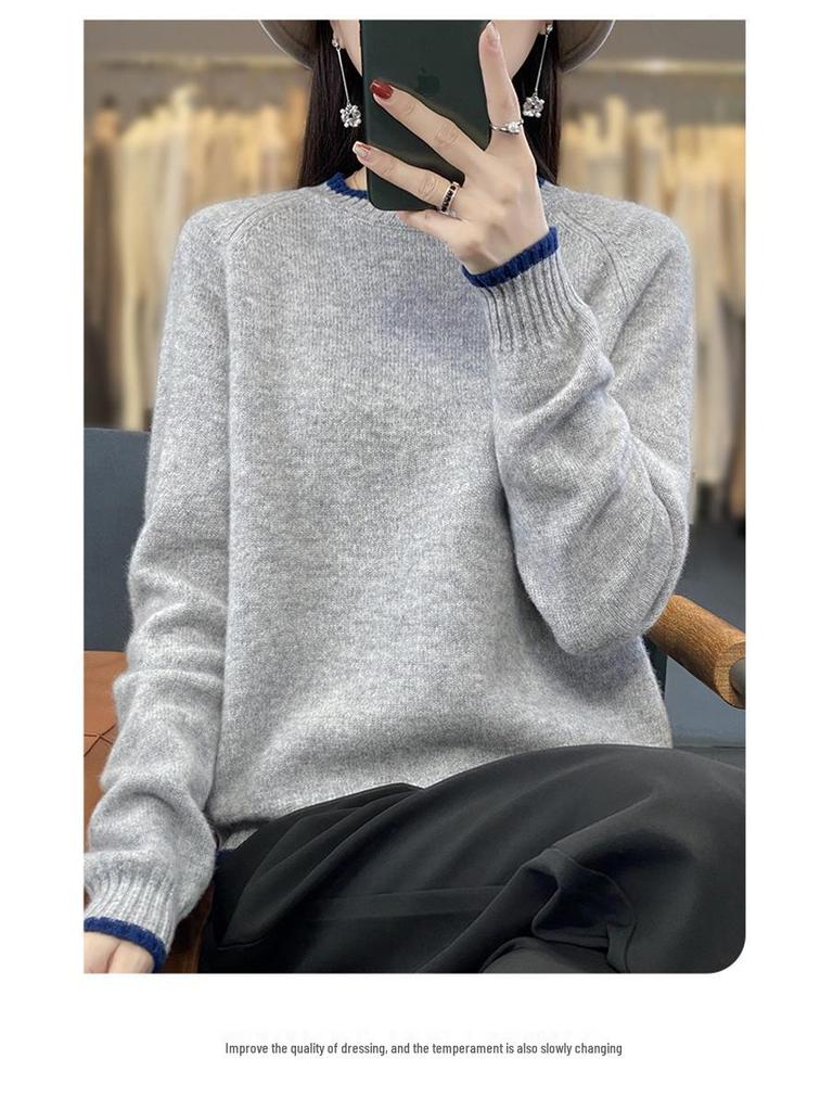 Damen Colorblock Rundhals Schlankmachender Wollstrick Pullover & Basisschicht