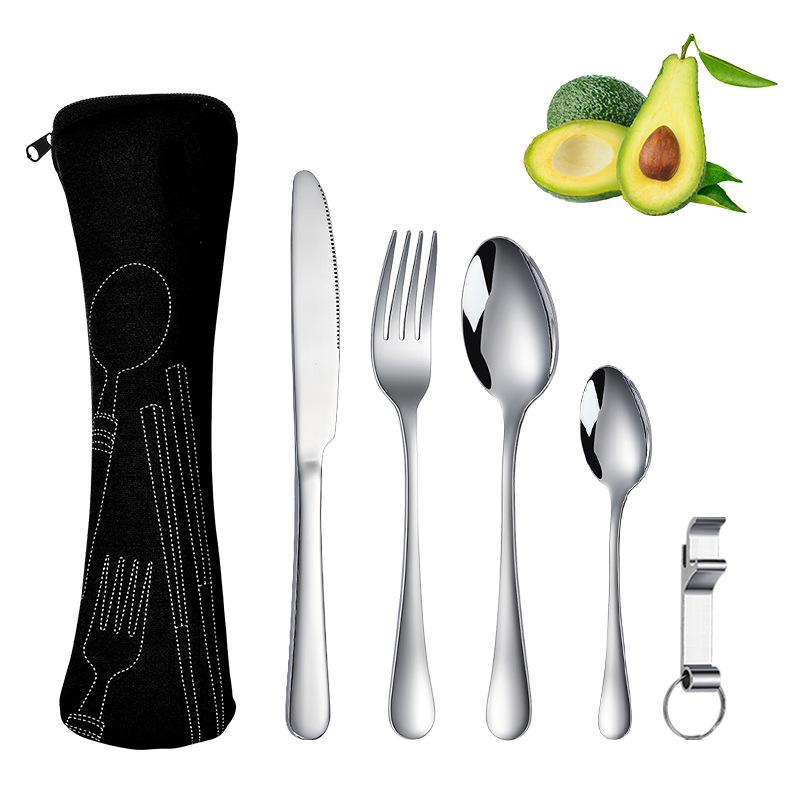 Stainless Steel Travel Cutlery Set: Knife, Fork, Spoon, Bottle Opener with Portable Storage Bag for Outdoor Camping