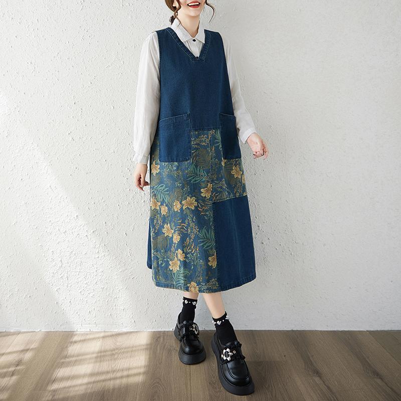 DIMANAF Women Plus Size Denim Dress Sleeveless Cottton Vintage Loose Casual Dresses Maxi Long Dress Floral Print