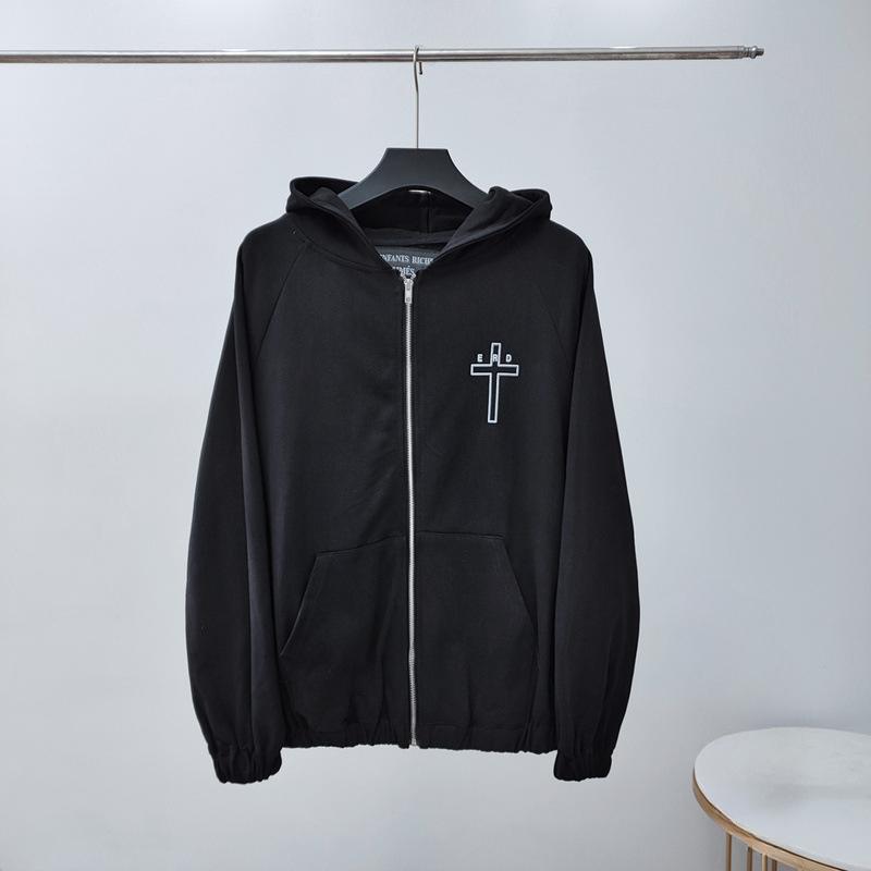 Unisexová americká retro mikina s kapucí a potiskem kříže na zip, pouliční volná ležérní černá mikina pro muže a ženy
