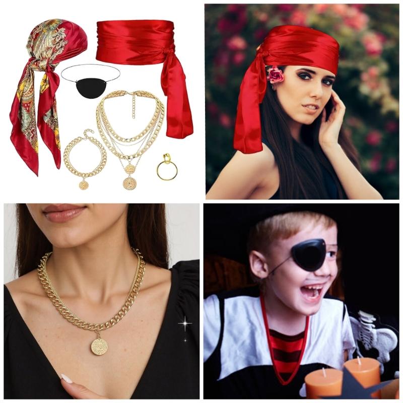 Halloween Pirate Costume Accessory Women Men Pirate Dress up Accessory Headscarf Eye Patches Earrings Necklace Bracelet