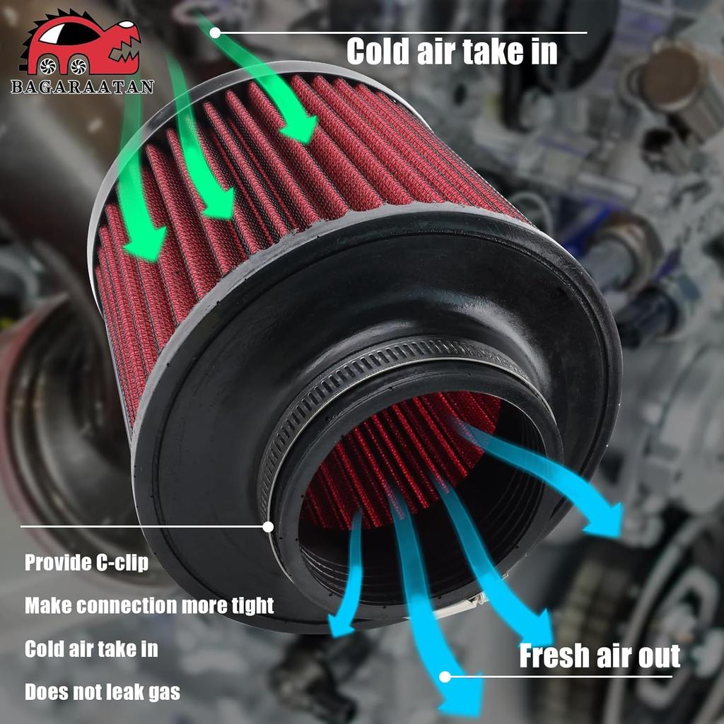 Air Intake Filter 3" Cone Air Filter Quality Dry Compatible With Car And MotorcycleClosed-Top Cool Air Filter 76Mm(Red)