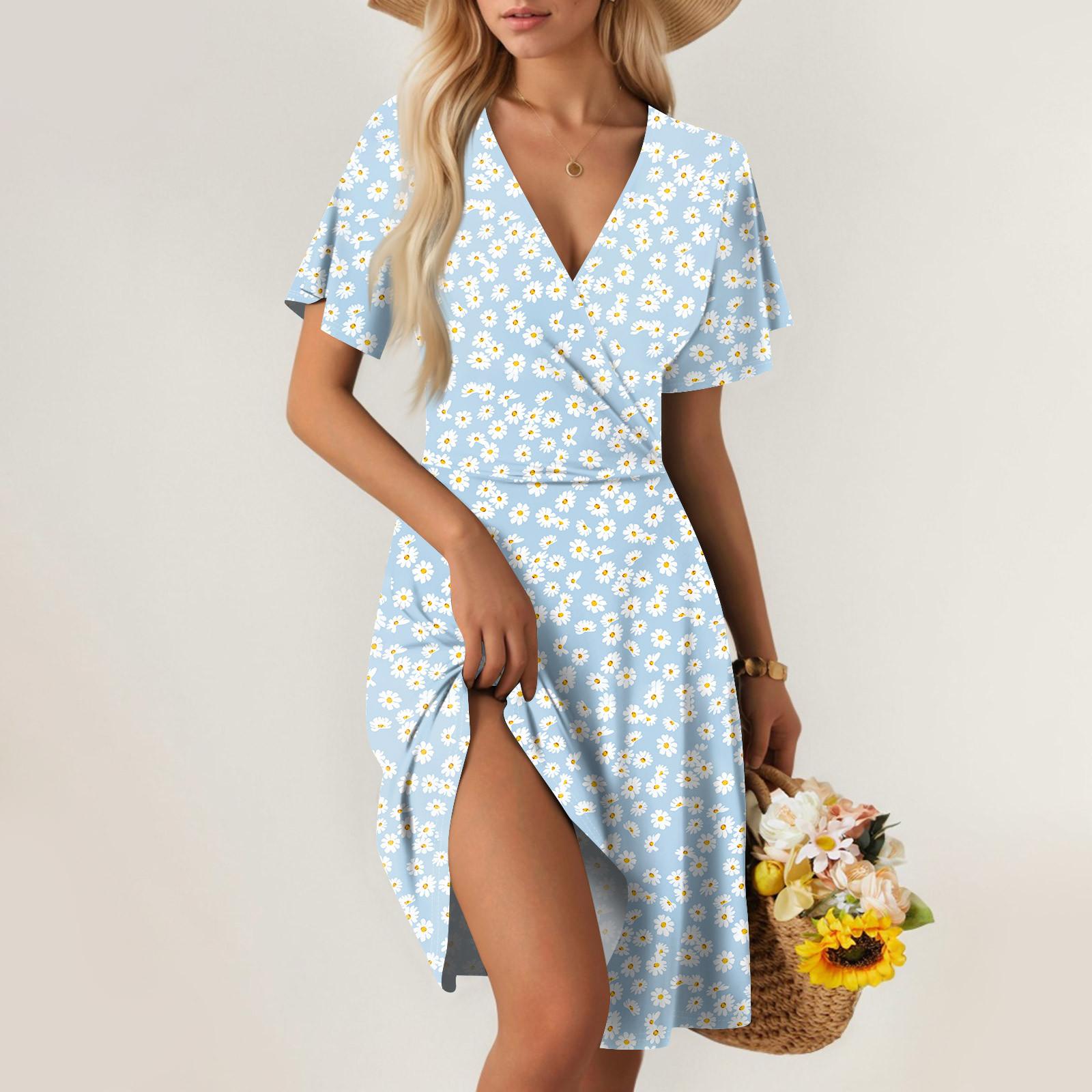 

Женское летнее платье свободного покроя для пляжного отдыха, повседневное платье-жилет с глубоким V-образным вырезом, элегантное платье-рубашка M светло-синий