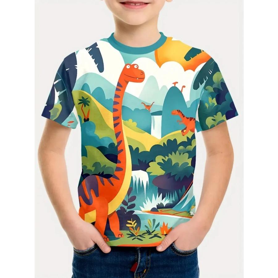 Dinosaur Boys' T-Shirt Colorful Cartoon Print Summer Short Sleeve Tops Fashion Pullover Tees Outdoor Casual Children's Clothing