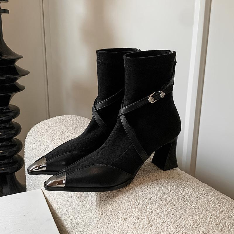 205 autumn and winter new pointed thin small short boots British style fashion versatile thick heel one pedal high heel thin boots