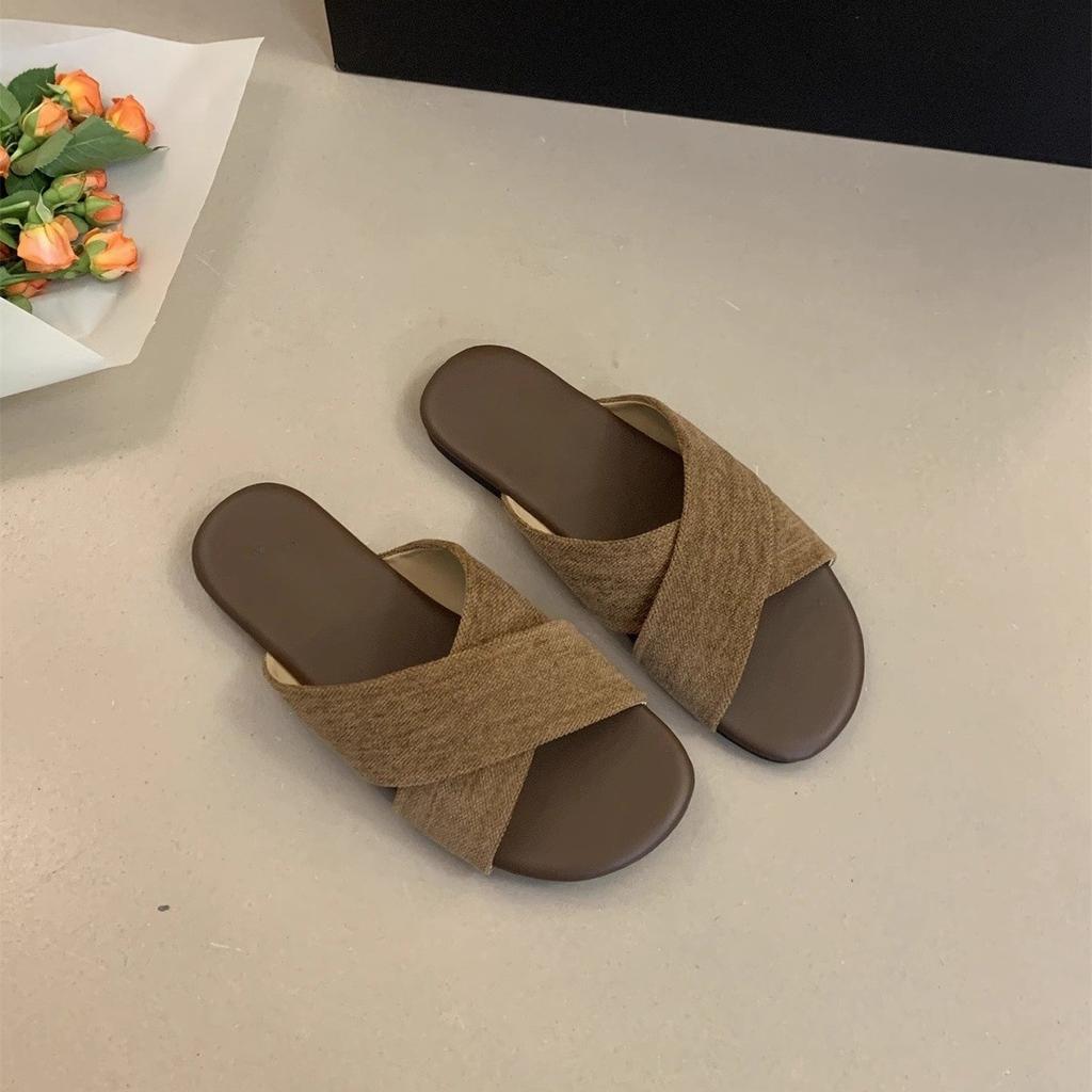 Cross-strapped linen slippers for women to wear summer new flat sandals retro casual vacation seaside beach shoes