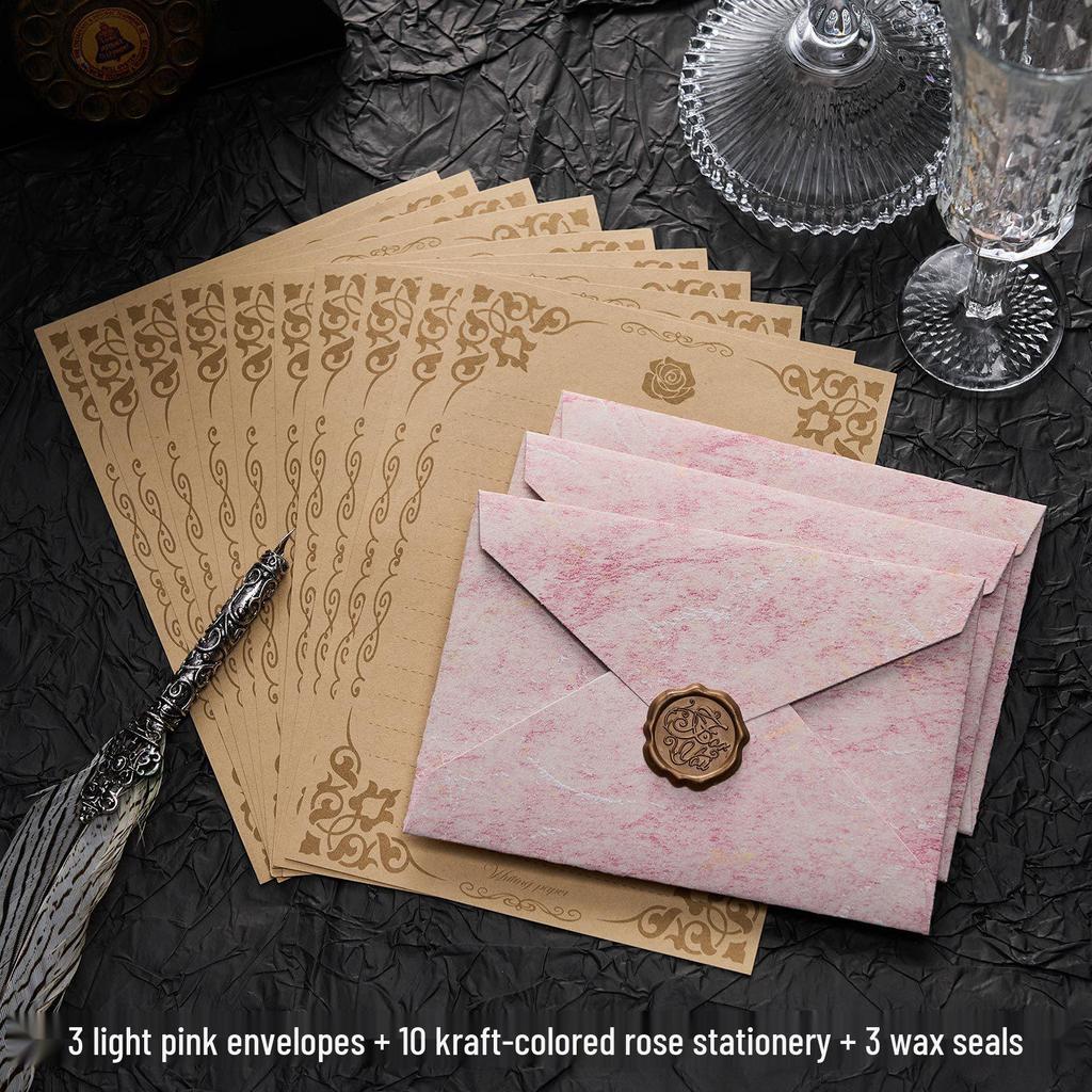 Gilded Envelope & Letter Paper Set - Embossed Texture, Straits Style, Handwritten Love Letters with Wax Seal for Valentine's Day