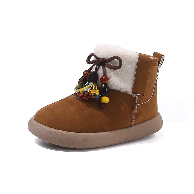 [Winter Retro Ethnic Beaded Snow Boots Maillard Fringe Ankle Boots Trendy Baby Shoes]